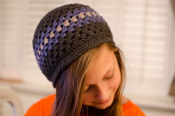 A slouchy striped crochet beanie